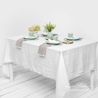 VEGA Tablecloth white 7 Washed linen white tablecloth with fringe