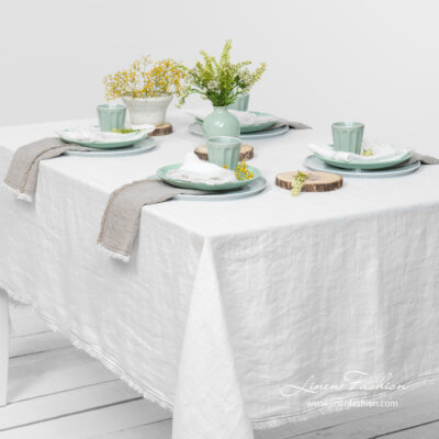 VEGA Tablecloth white 8 Off white linen tablecloth with loose fringes, washed