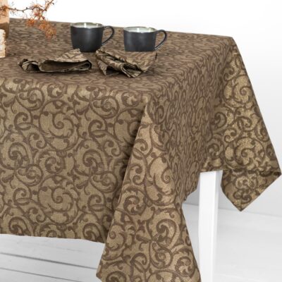 ATLANTA Tablecloth brown 9 linen cotton brown jacquard tablecloth, flower motif.