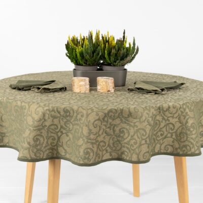 ATLANTA Tablecloth round/oval olive 7 round linen cotton tablecloth olive, flower motif.