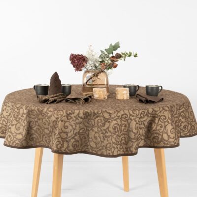 ATLANTA Tablecloth round/oval brown 6 round linen cotton brown jacquard tablecloth, with golden lurex.