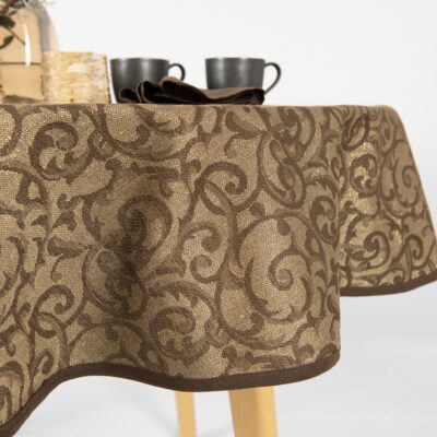 ATLANTA Tablecloth round/oval brown 7 round linen cotton brown jacquard tablecloth, with brown piping around.