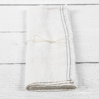 Kitchen towel No. 10 4 White kitchen towel with brown stitches and loose fringes on one side
