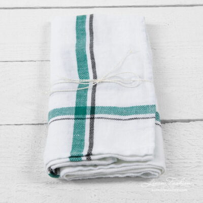 Kitchen towel No. 7 4 White linen kitchen towel with green/black checks