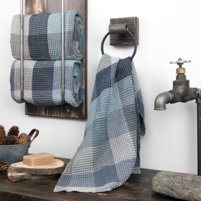 BINGO Bath towel bluish grey 3 Linen sauna towel in bluish gray checks