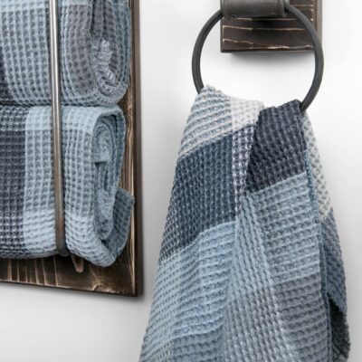 BINGO Bath towel bluish grey 4 Linen sauna towel in bluish gray checks waffle weave