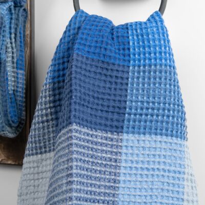 linen bath towel checked blue, washed.