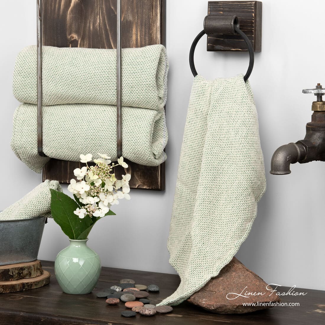 Linen towel white green honeycomb pattern
