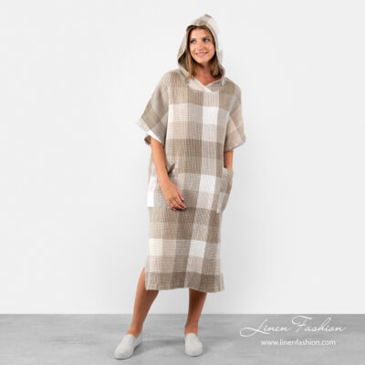BINGO Poncho sand 9 Linen poncho towel with gray checks | Linen Fashion