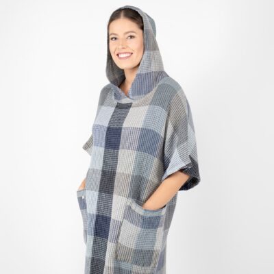 grey blue linen poncho bingo with hoodie.