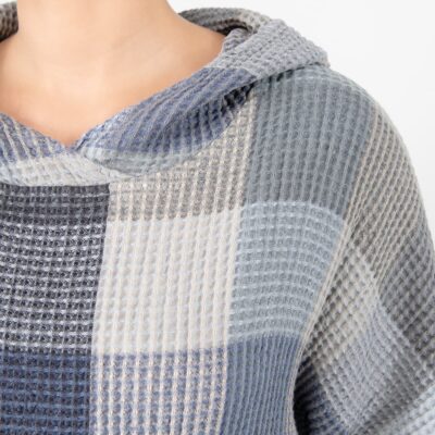 grey blue linen poncho bingo, waffle.