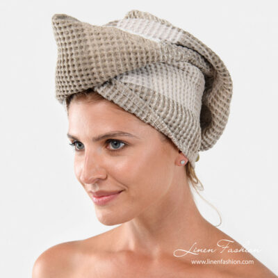 BINGO Hair wrap towel sand 4 Linen hair towel - turban with brownish grey checks