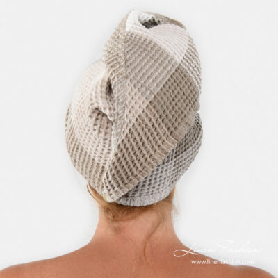 BINGO Hair wrap towel sand 5 Linen hair towel turban with checks, button on the back
