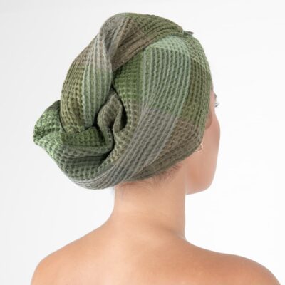 BINGO Hair wrap towel green 5 green hair wrap linen towel with button closure.