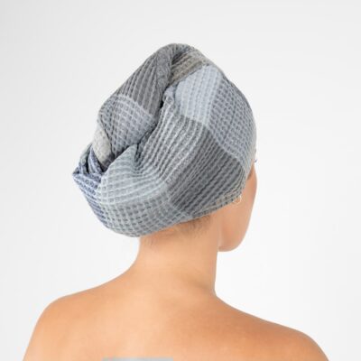 BINGO Hair wrap towel blue grey 5 grey hair wrap linen towel, bingo from back.