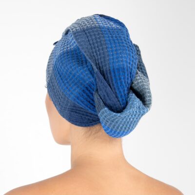 BINGO Hair wrap towel blue 6 blue linen hair wrap towel bingo from back.