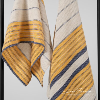 KORA Bath towel beige striped 7 Linen cotton beige striped bath towels, blue, yellow stripes.