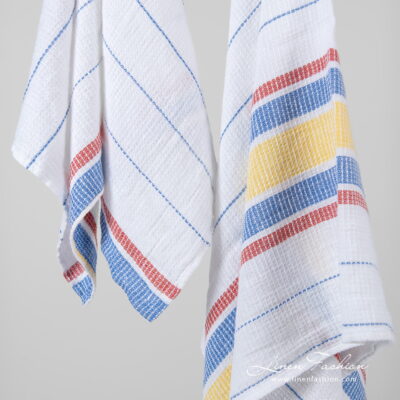 ZELDA Bath towel white striped 8 Linen cotton white striped bath towel with yellow, blue, red stripes.