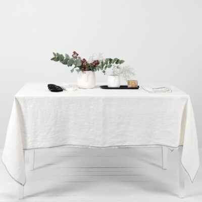 ALBA Tablecloth white 7 white linen tablecloth with decorative seam.