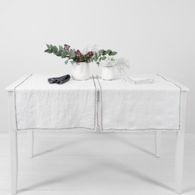ALBA Table runner white 4 white linen runner with decorative stitch
