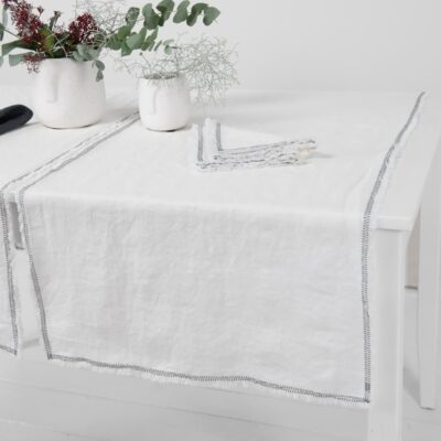 ALBA Table runner white 5 white linen runner with decorative stitch, washed.
