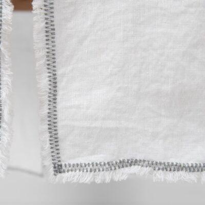 ALBA Table runner white 6 white linen runner with decorative stitch with loose fringes.