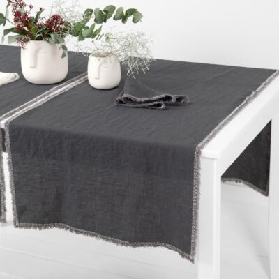 ALBA Table runner grey 5 grey linen runner with decorative stitch, washed