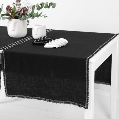 ALBA Table runner black 5 black linen runner with decorative stitch, washed.