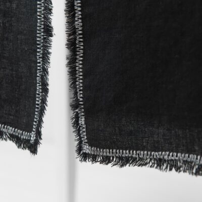 ALBA Table runner black 6 black linen runner with decorative stitch, loose fringes.