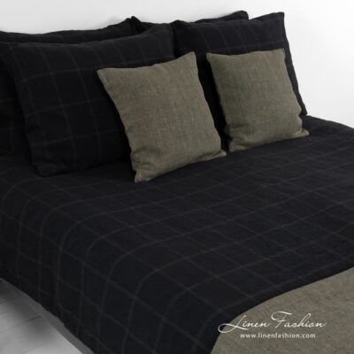 Black linen cotton bed linen with green checks