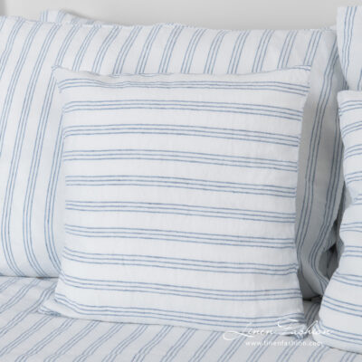 linen cotton white striped bedlinen, cushion covers.