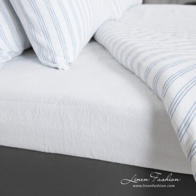 linen cotton white striped bedlinen, white flat & fitted sheets.