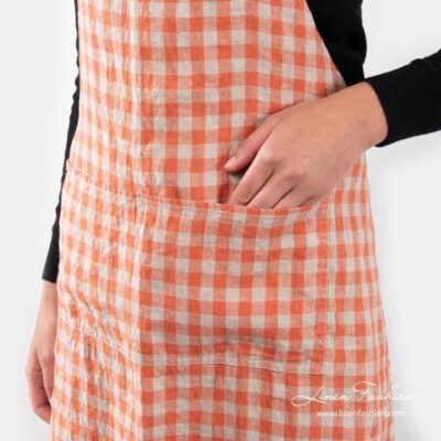 GAMMA Apron checked 5 Linen apron in orange color, gamma.
