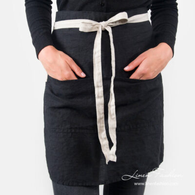 BISTRO SHORT Apron black 5 Pure linen black apron with large pocket