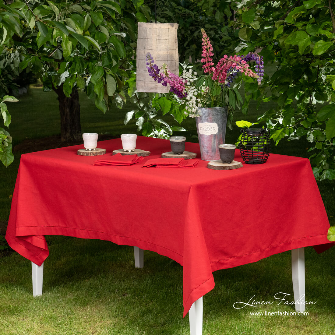 Red linen tablecloth with hemstitch