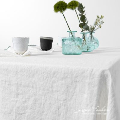 ARVO white linen tablecloth with green border, specially washed