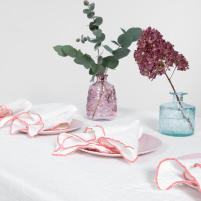 ARVO Table napkin white with rosy border 9 ARVO white linen tablecloth with rosy border and matching napkins