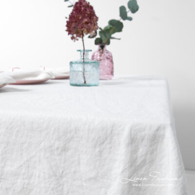 ARVO white linen tablecloth with rosy border, specially washed