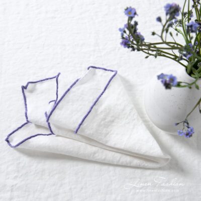 ARVO Table napkin white with violet border 5 ARVO white linen napkin with violet border
