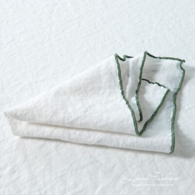 ARVO Table napkin white with olive border 6 ARVO white linen napkin with green border