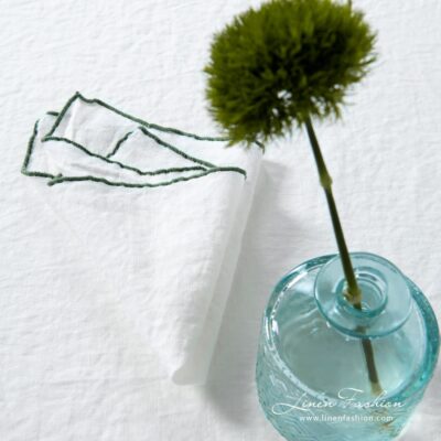 ARVO Table napkin white with olive border 7 ARVO white linen napkin with Babylock stitch in green color