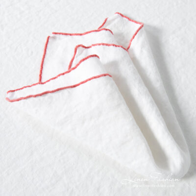 ARVO Table napkin white with rosy border 7 ARVO white linen napkin with rosy Babylock stitch border