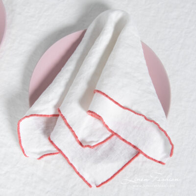 ARVO Table napkin white with rosy border 6 ARVO white linen napkin with rosy border