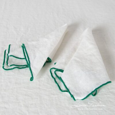 ARVO Table napkin white with green border 5 ARVO off-white linen napkin with babylock stitch around