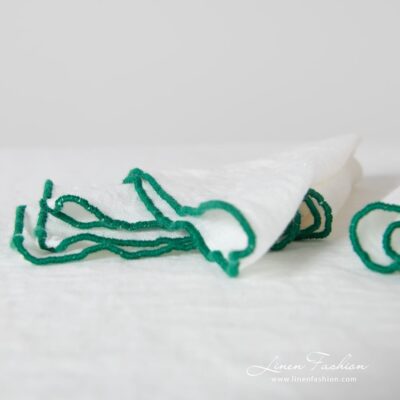 ARVO Table napkin white with green border 6 ARVO off-white linen napkin with bright green babylock stitch