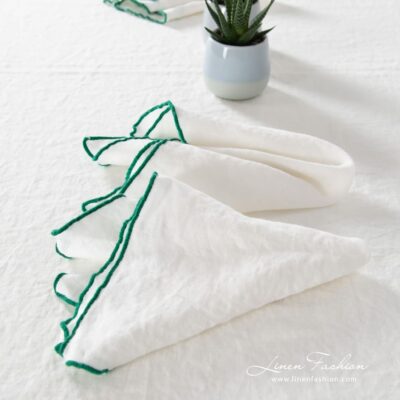 ARVO Table napkin white with green border 4 ARVO white linen napkin with bright green border