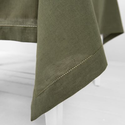 olive linen tablecloth with 4cm. folded borders and hemstitch.