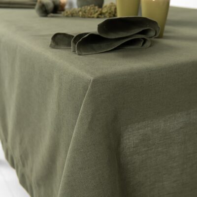 olive linen tablecloth with napkins.