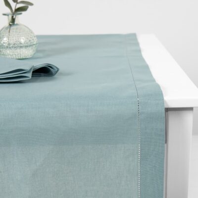 linen cotton aqua runner with hemstitch