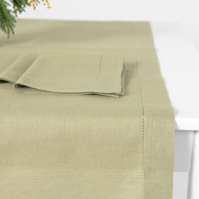 Light green linen cotton table runner with matching napkins